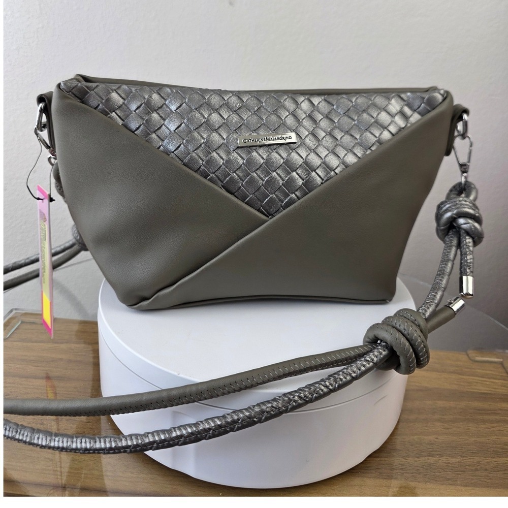 Catherine Malandrino Woven Metallic Taupe Silver Crossbody Bag NEW